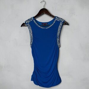 Gievergate Rhinestone Ruched Tank Top Blue size Large